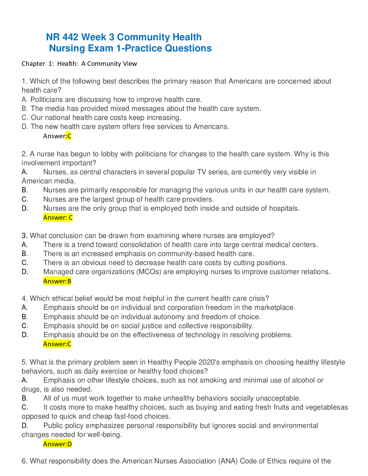 Preview of NR 442 Week 3 Community Health Nursing Exam 1-Practice Questions